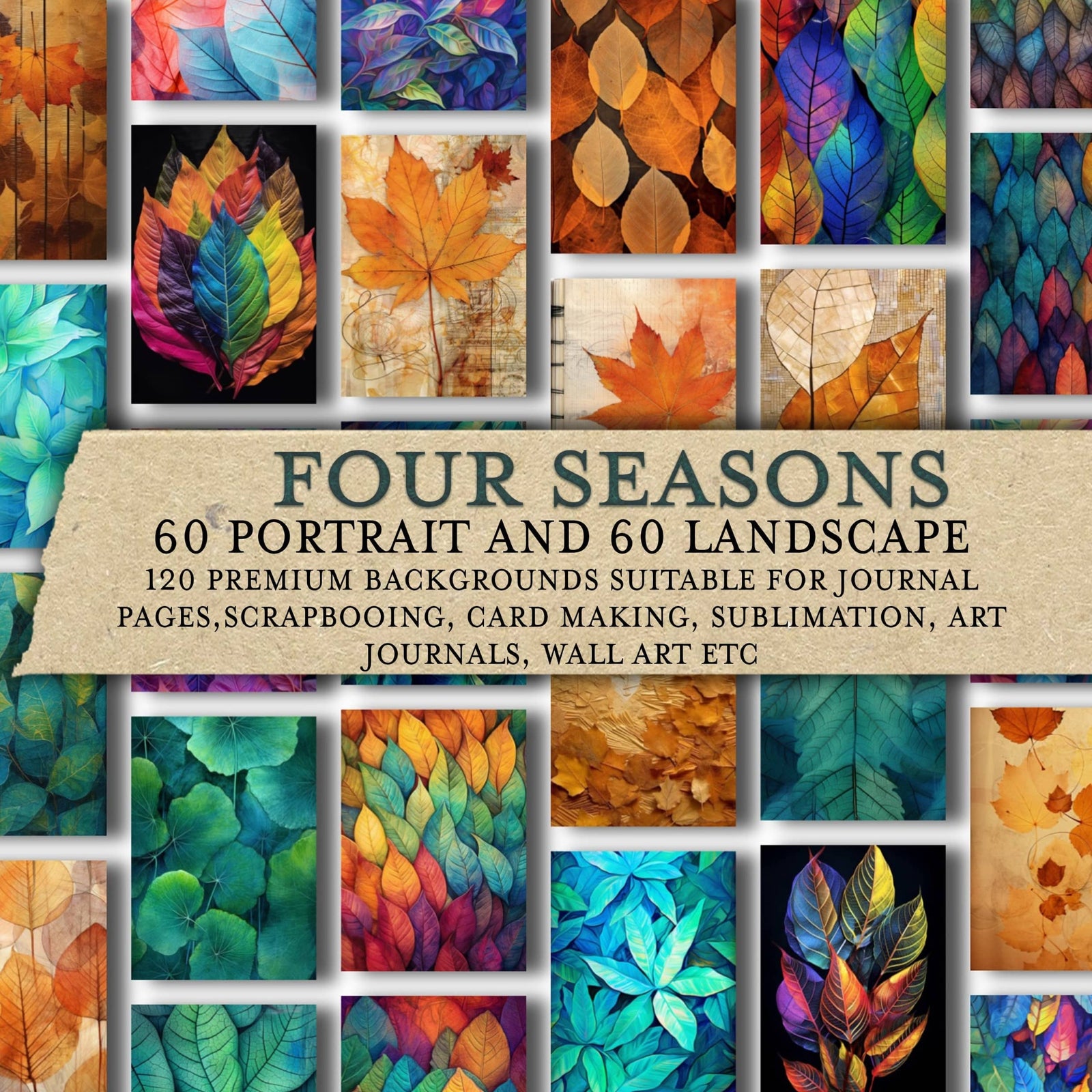 Collage of colorful leaf patterns with text overlay on a white background