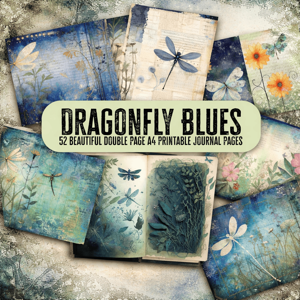 Dragonfly Blues - 52 Page Digital Paper Junk Journal Kit , Printable Scrapbook Paper