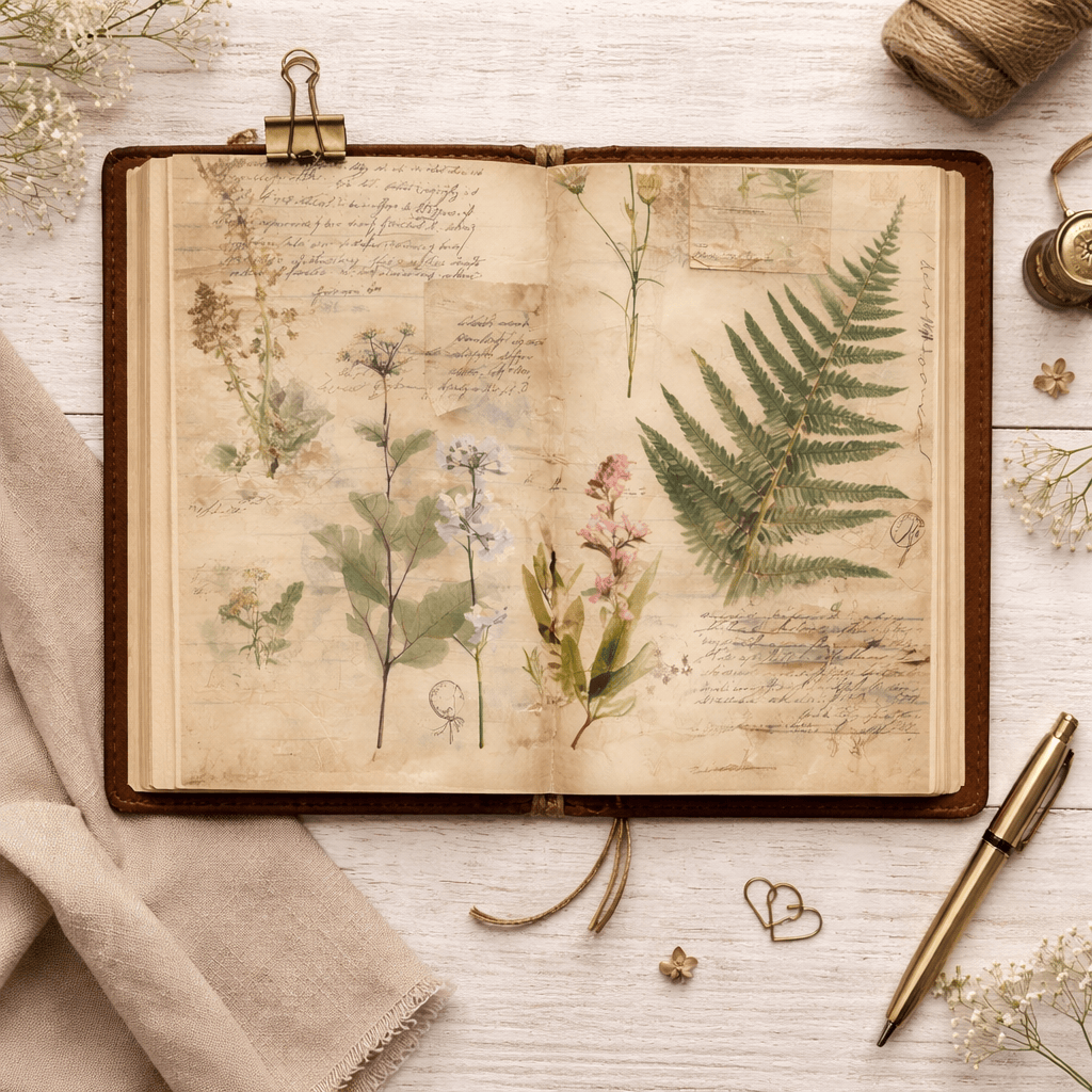 Open notebook with pressed flowers and leaves on a wooden surface