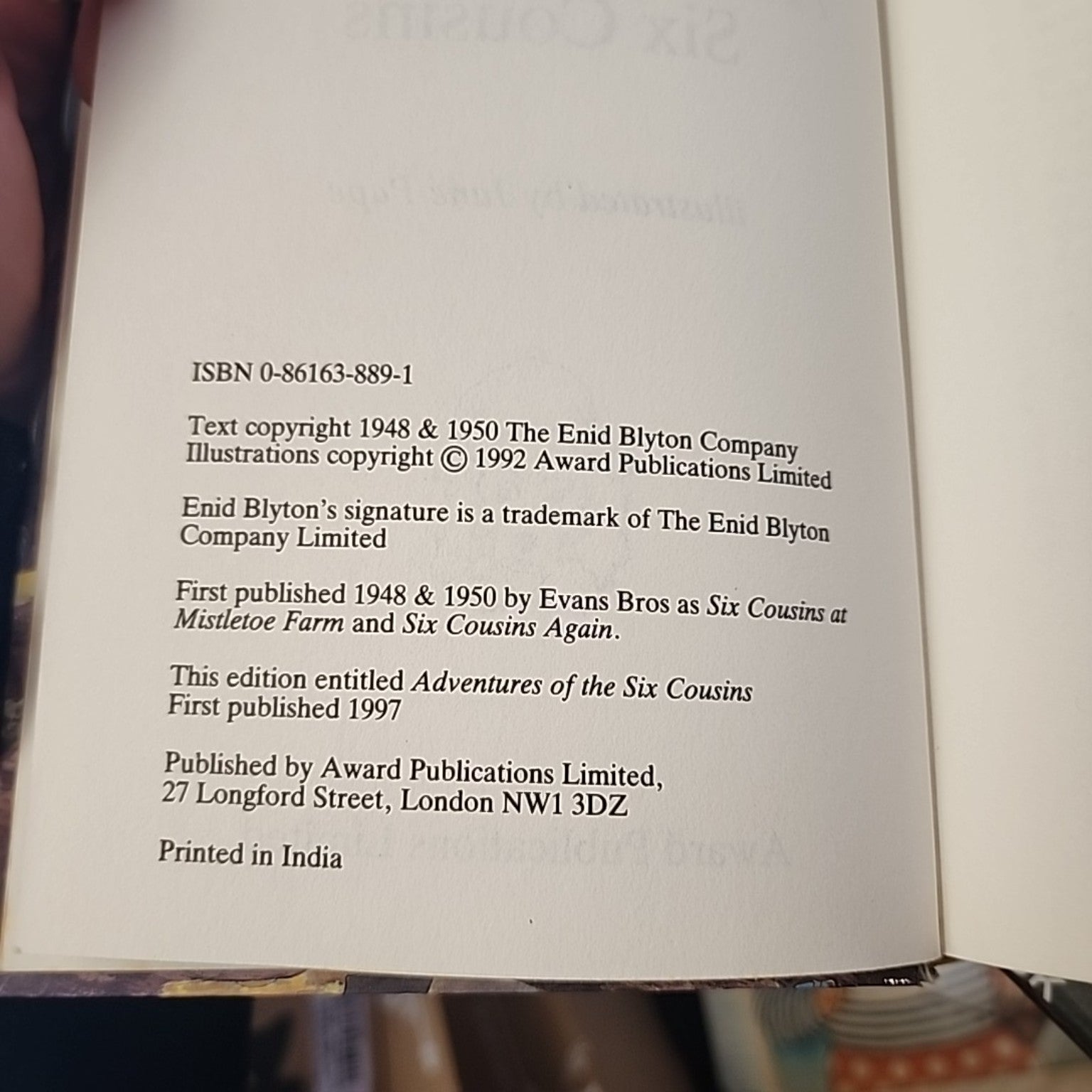 Adventures of the Six Cousins by Enid Blyton, 1997 Award Publications copyright and ISBN page