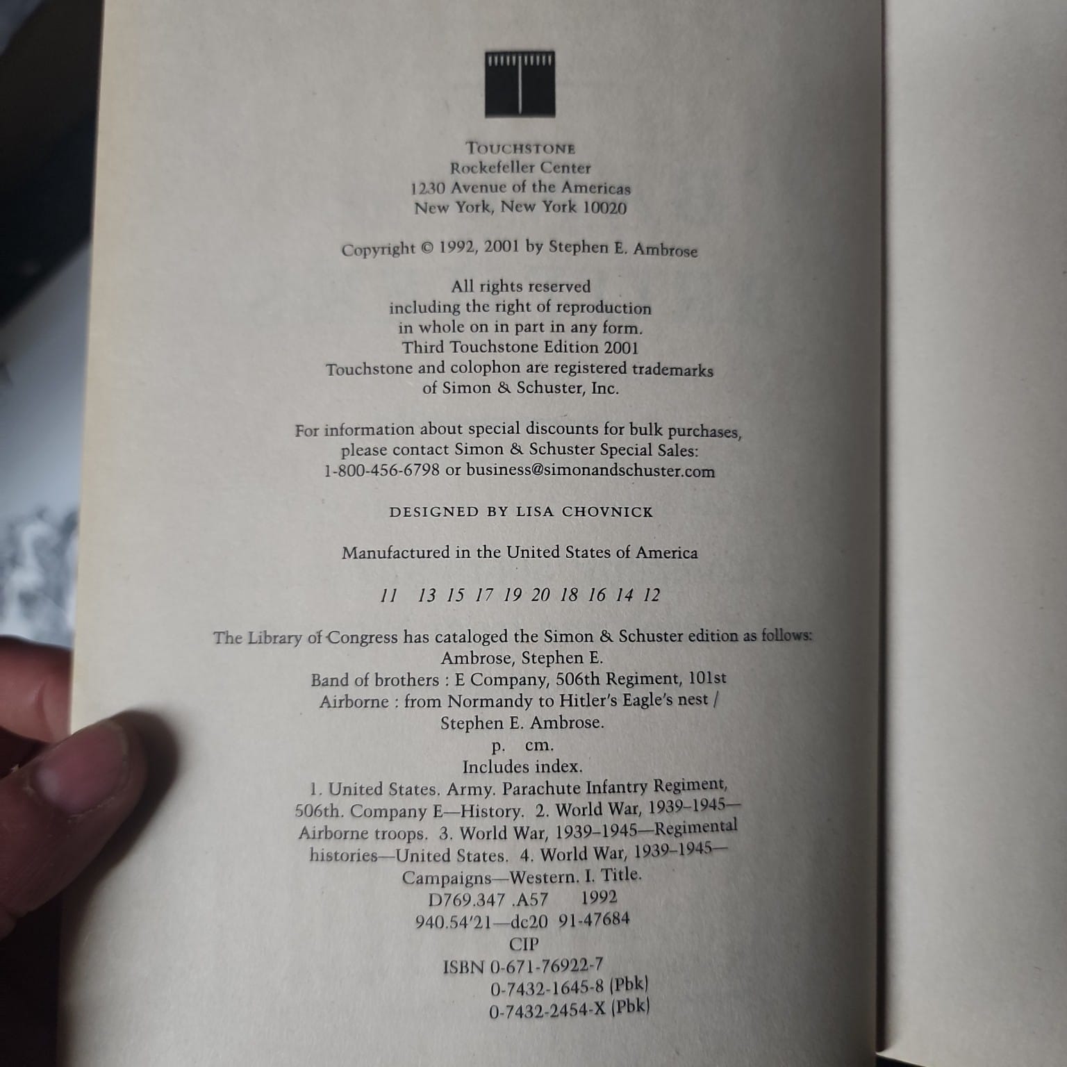 Copyright page of Band of Brothers by Stephen E. Ambrose showing the 2001 Touchstone edition