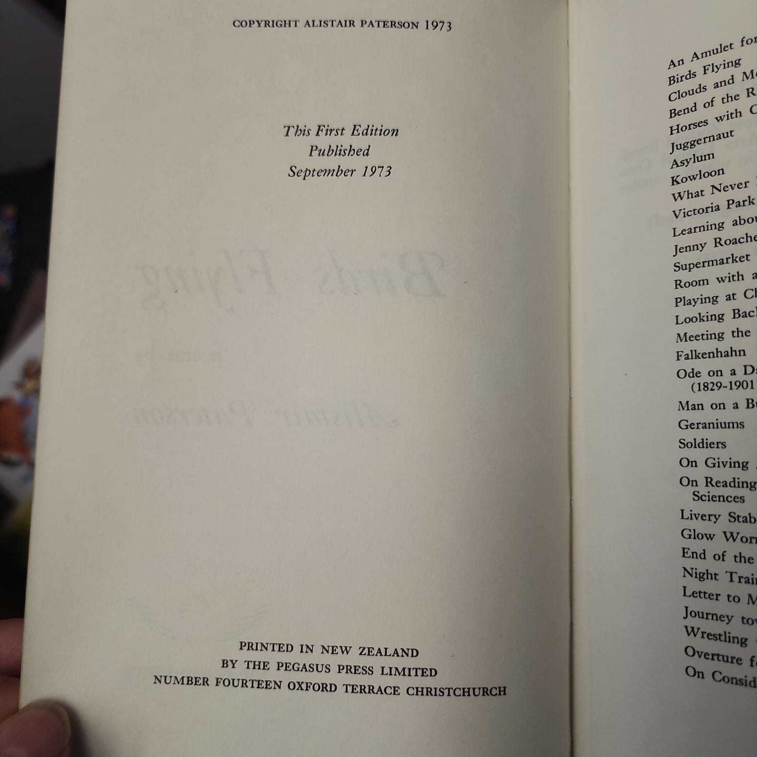 Birds Flying by Alistair Paterson - first edition September 1973 copyright page