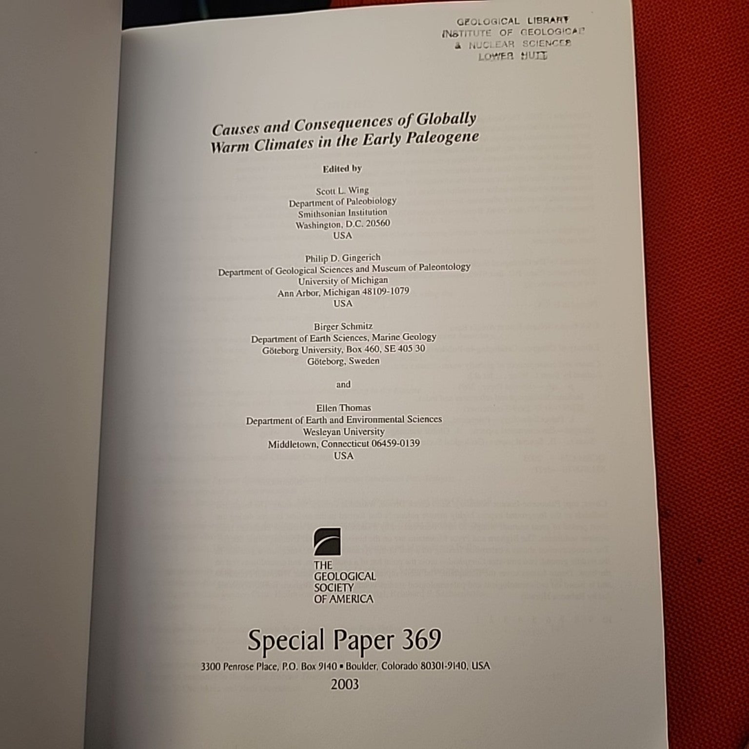Causes and Consequences of Globally Warm Climates in the Early Paleogene title page, Geological Society of America Special Paper 369