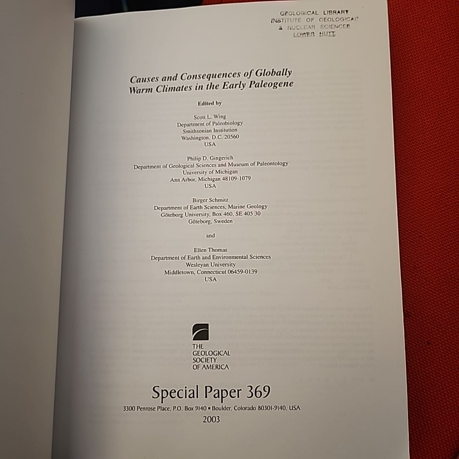 Causes and Consequences of Globally Warm Climates in the Early Paleogene title page, Geological Society of America Special Paper 369