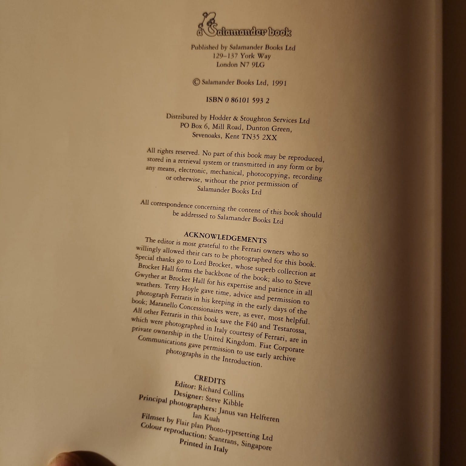 Classic Ferraris by Brian Laban copyright page showing Salamander Books 1991 and ISBN 0861015932