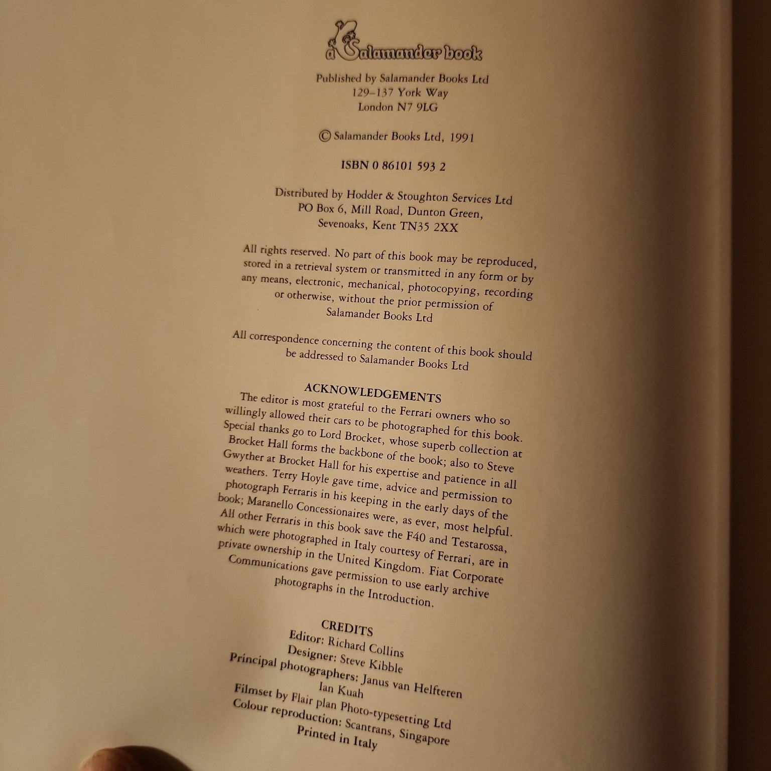 Classic Ferraris by Brian Laban copyright page showing Salamander Books 1991 and ISBN 0861015932