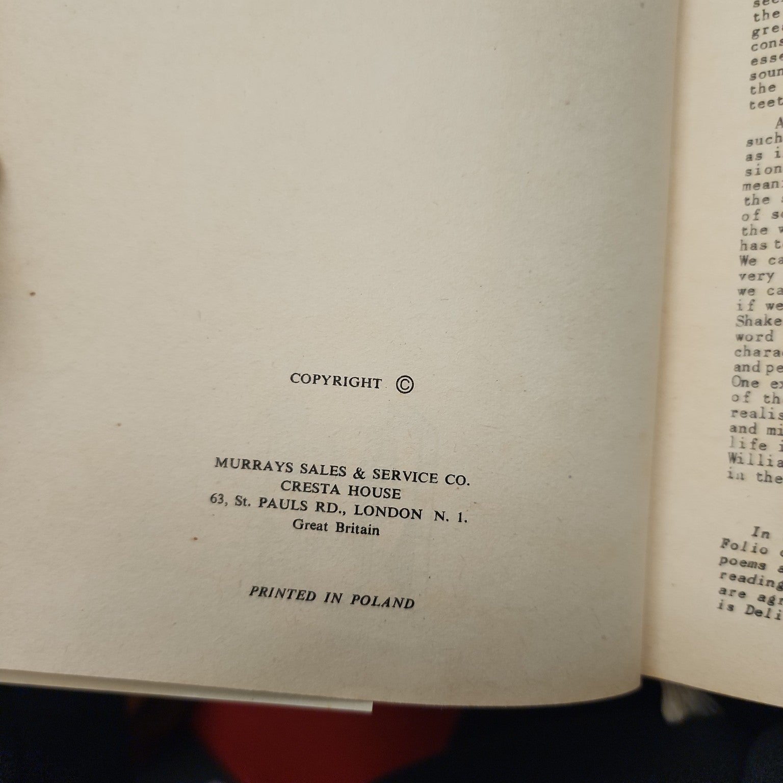 Copyright page for The Complete Works of William Shakespeare Abbey Library, Murrays Sales & Service Co., printed in Poland