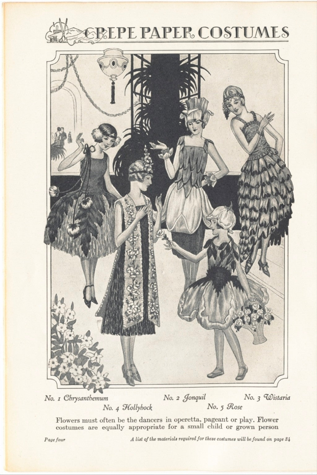 Vintage flower crepe paper costume illustrations including Chrysanthemum, Jonquil, Wistaria, Hollyhock and Rose