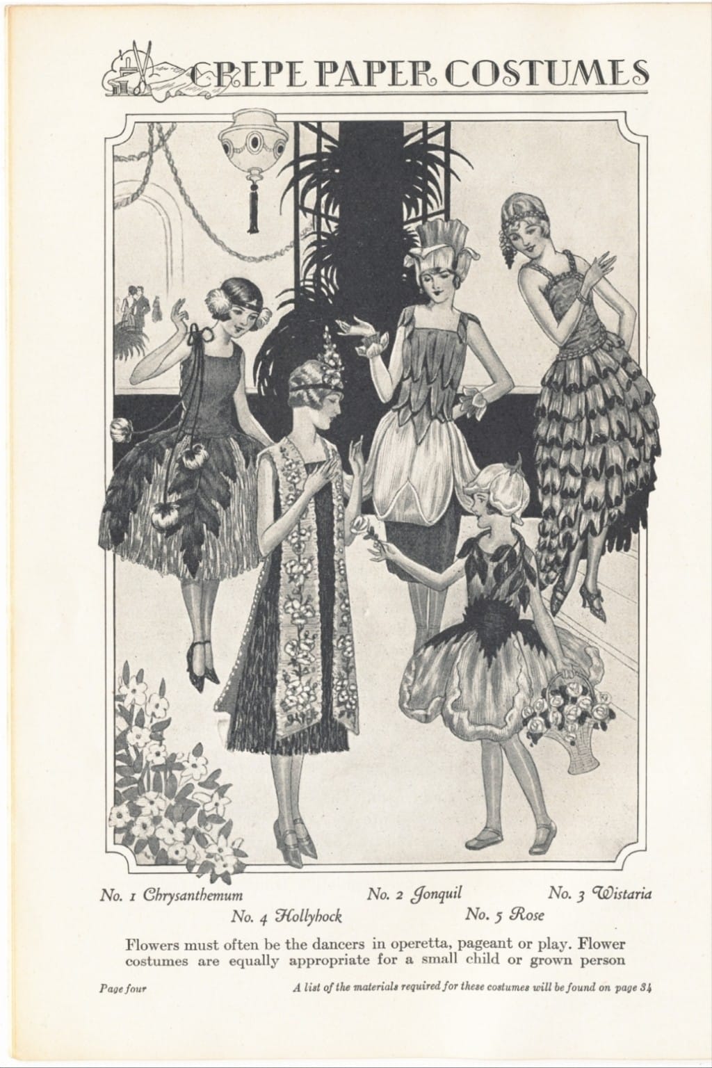 Vintage flower crepe paper costume illustrations including Chrysanthemum, Jonquil, Wistaria, Hollyhock and Rose