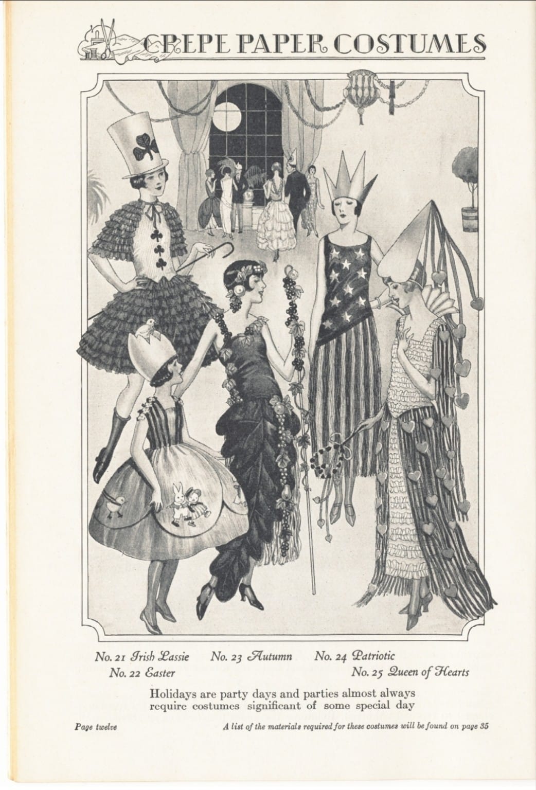 Vintage holiday crepe paper costume illustrations including Irish Lassie, Easter, Autumn, Patriotic and Queen of Hearts