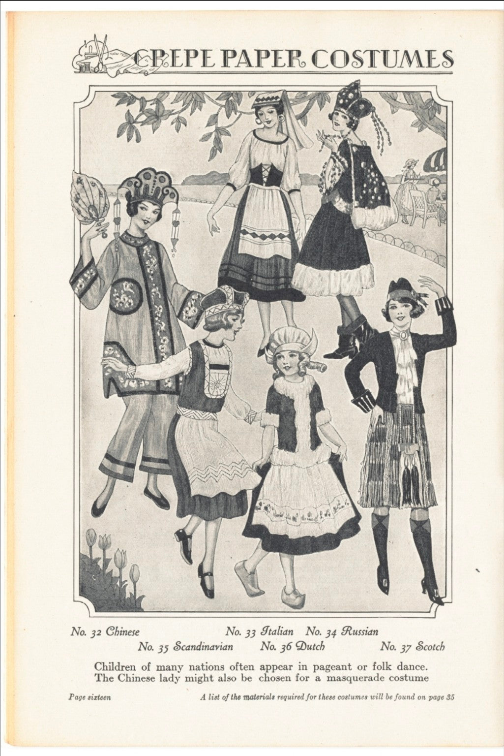 Vintage national crepe paper costume illustrations from 1925 Dennison booklet