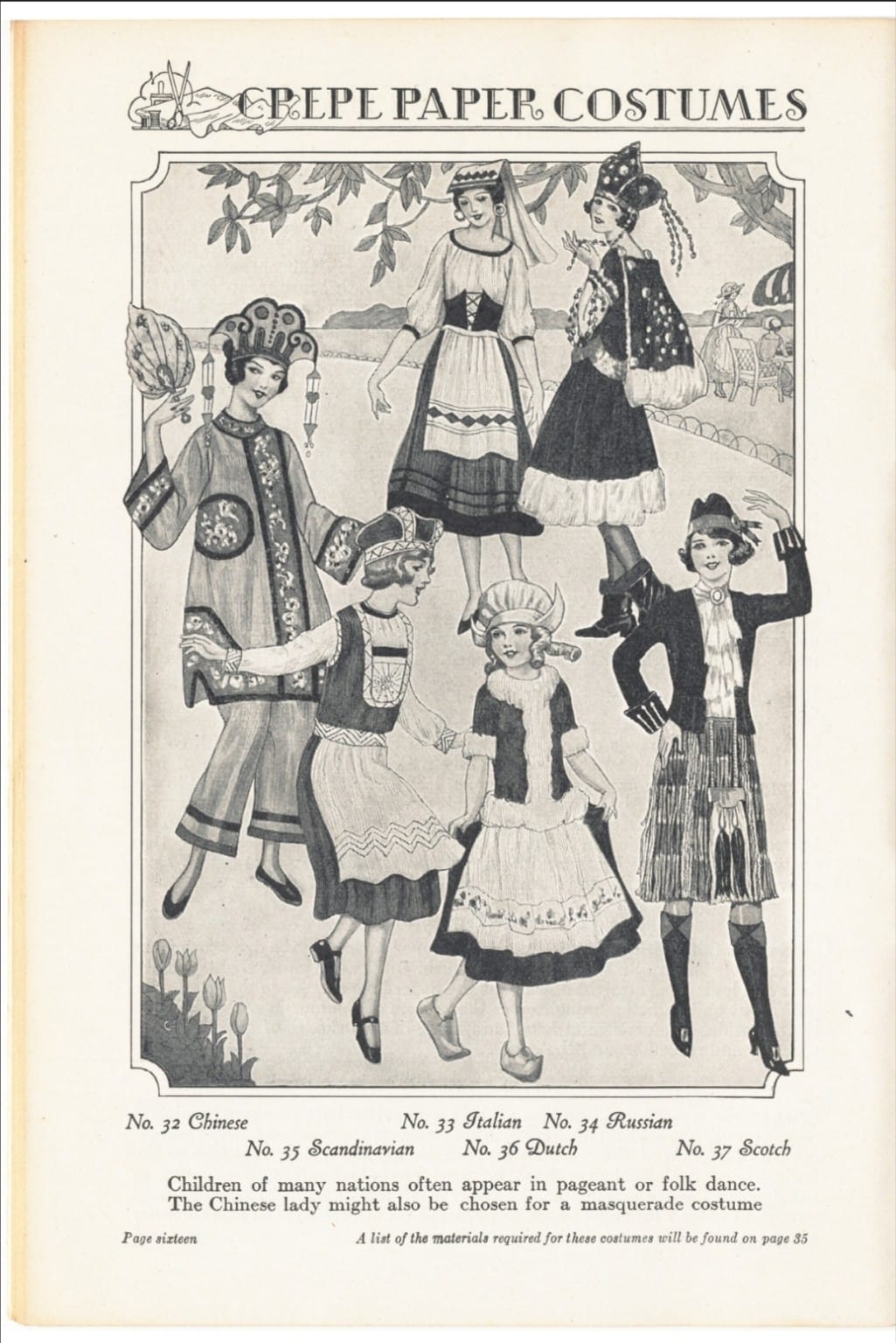 Vintage national crepe paper costume illustrations from 1925 Dennison booklet