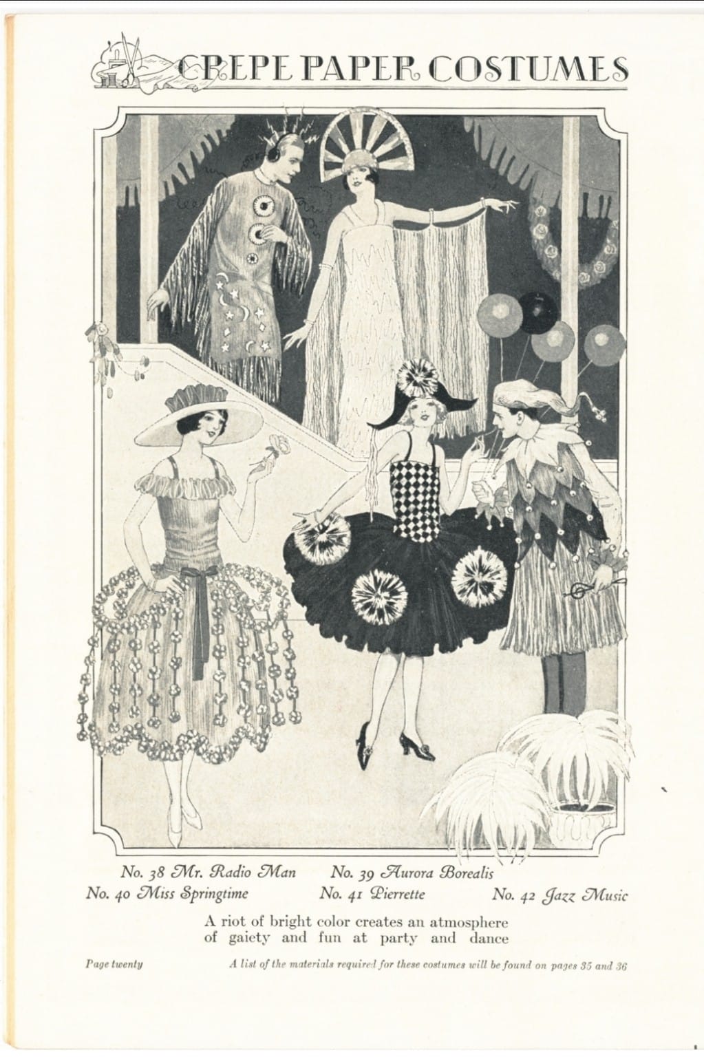 Vintage crepe paper costume illustrations including Mr Radio Man, Aurora Borealis, Miss Springtime, Pierrette and Jazz Music