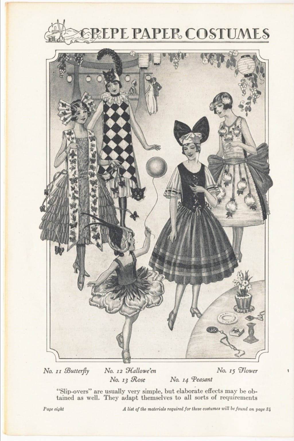 Vintage slip-over crepe paper costume designs including Butterfly, Halloween, Rose, Peasant and Flower
