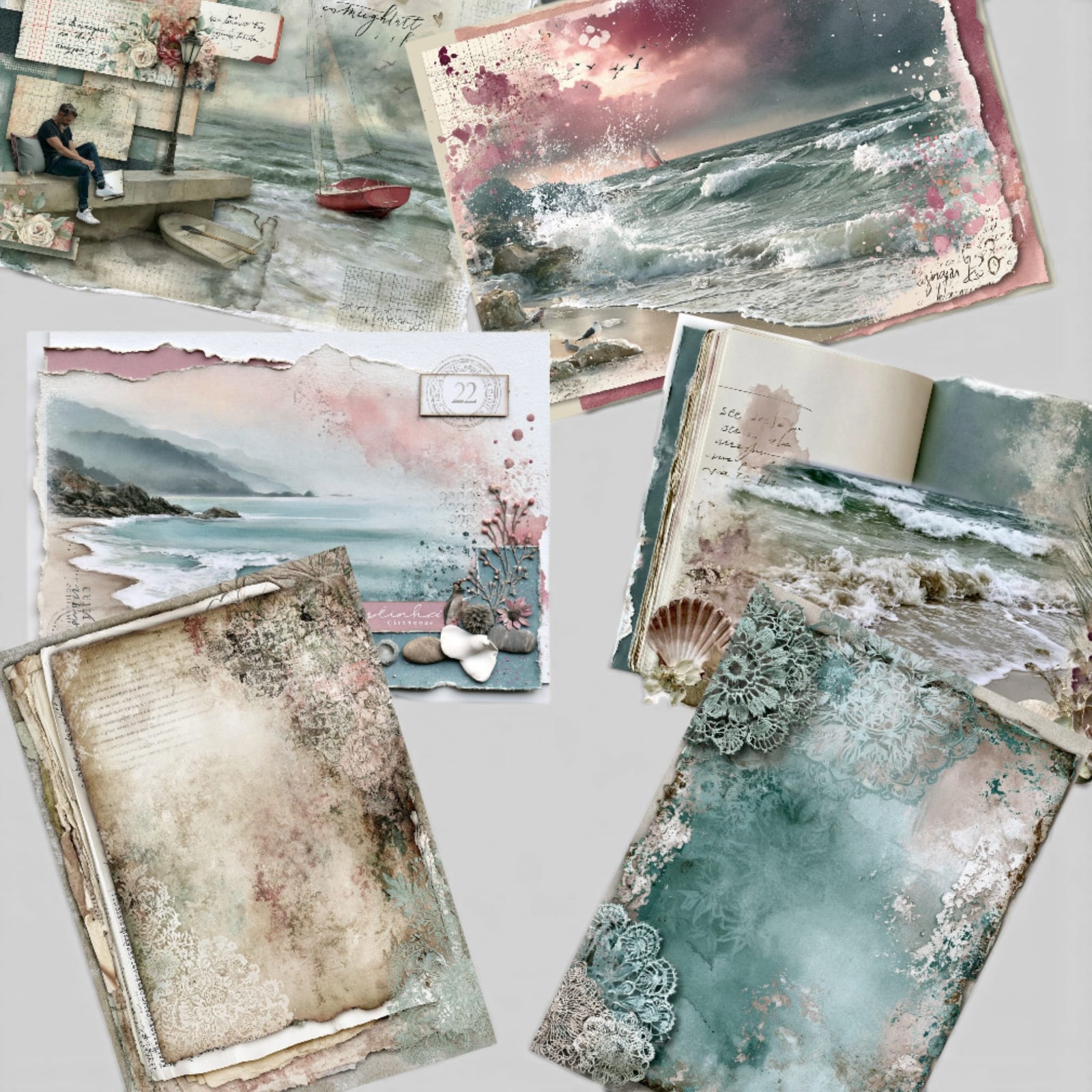 Sea Glass & Lace 51 Page Junk Journal Printable Kit