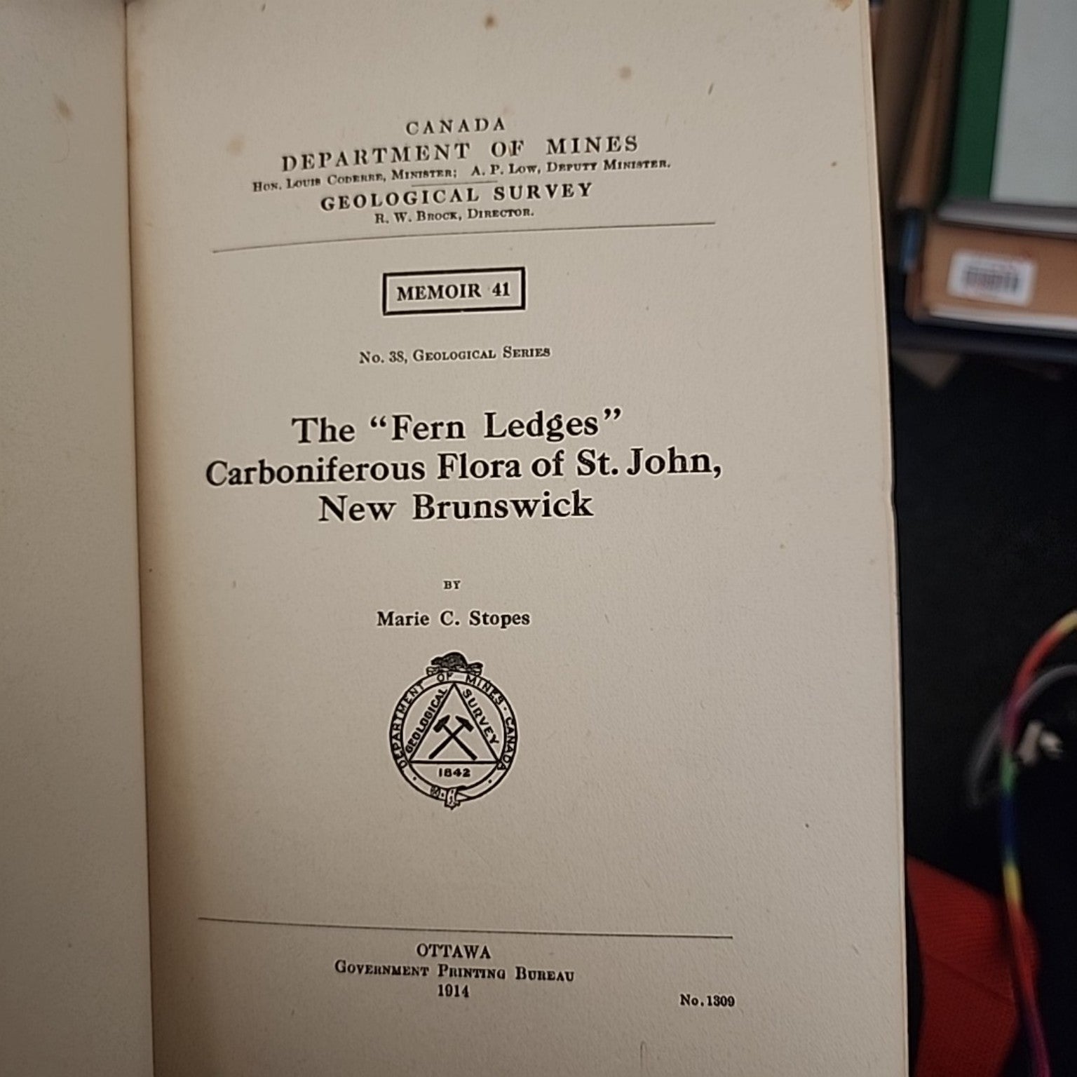 The Fern Ledges Carboniferous Flora of St. John New Brunswick title page, Geological Survey of Canada Memoir 41, 1914