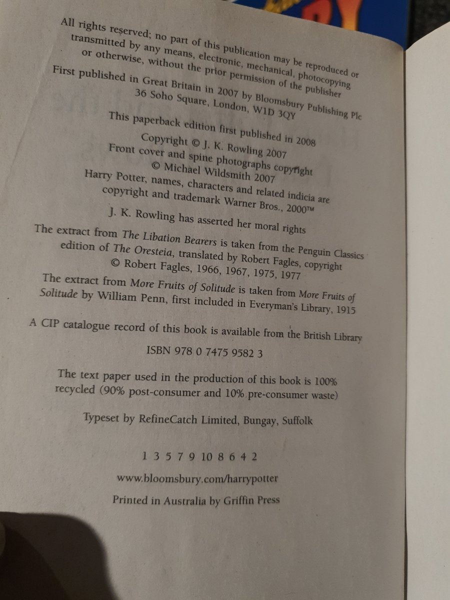 Harry Potter and the Deathly Hallows by J.K. Rowling Aus 1st/1st - Books Worth Keeping