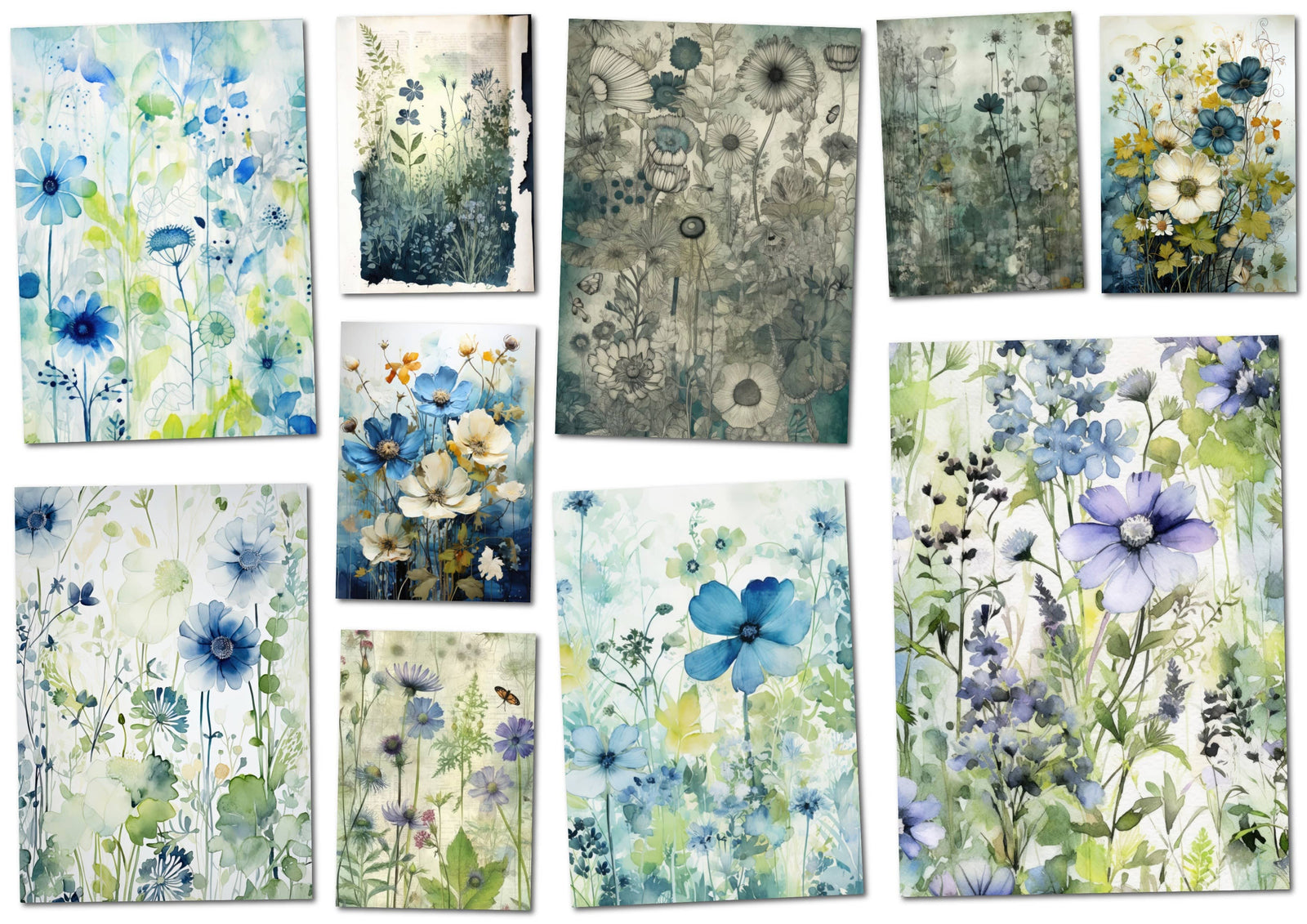 Blue Meadow 55 Beautiful A4 Digital Papers for Scrapbooking and Junk Journals