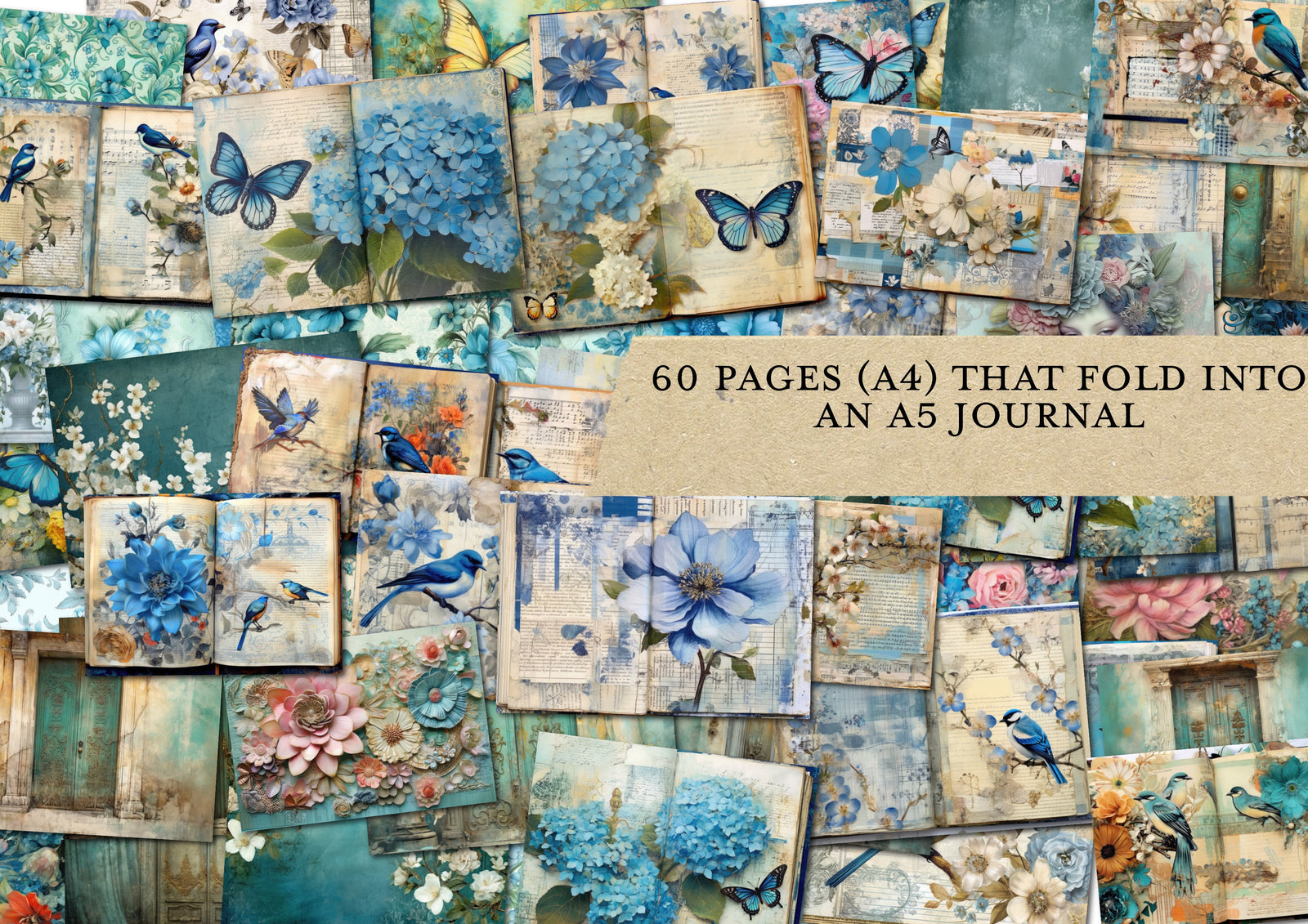 Shabby Blues MEGA Digital Junk Journal Kit - Over 100 Printable Journal Pages