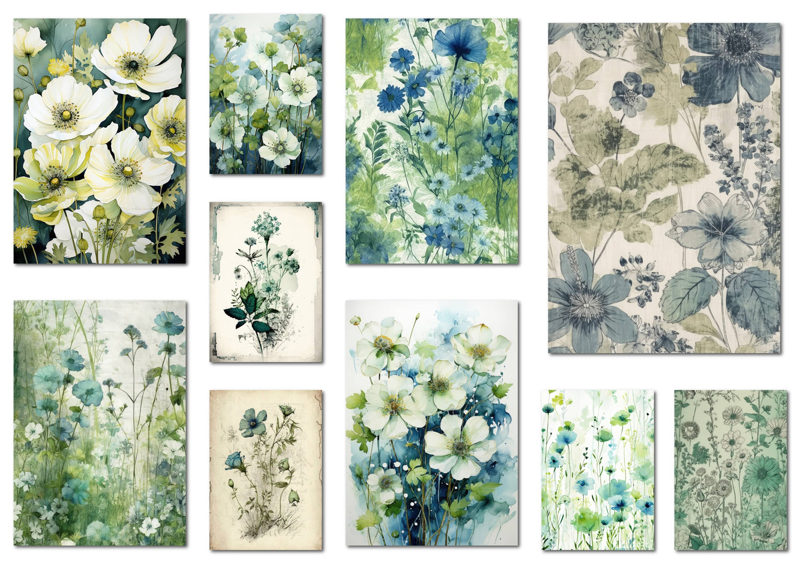 Blue Meadow 55 Beautiful A4 Digital Papers for Scrapbooking and Junk Journals