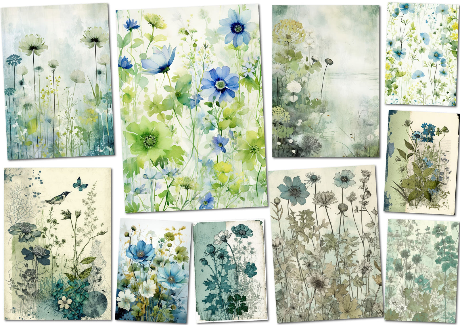 Blue Meadow 55 Beautiful A4 Digital Papers for Scrapbooking and Junk Journals