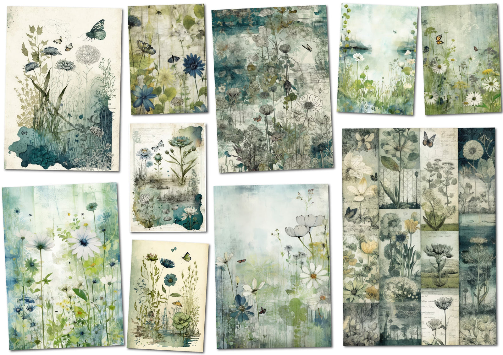 Blue Meadow 55 Beautiful A4 Digital Papers for Scrapbooking and Junk Journals