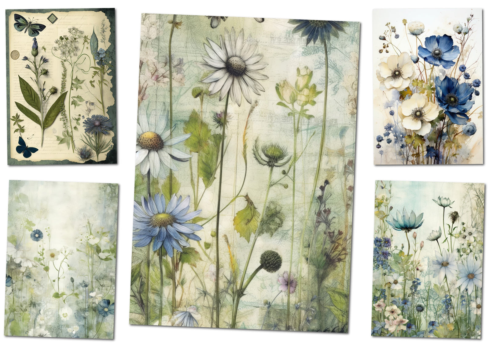 Blue Meadow 55 Beautiful A4 Digital Papers for Scrapbooking and Junk Journals