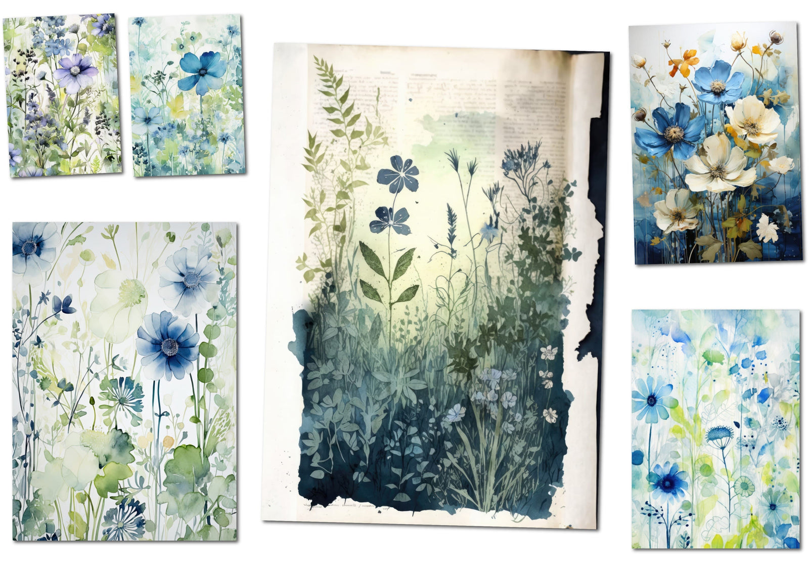 Blue Meadow 55 Beautiful A4 Digital Papers for Scrapbooking and Junk Journals