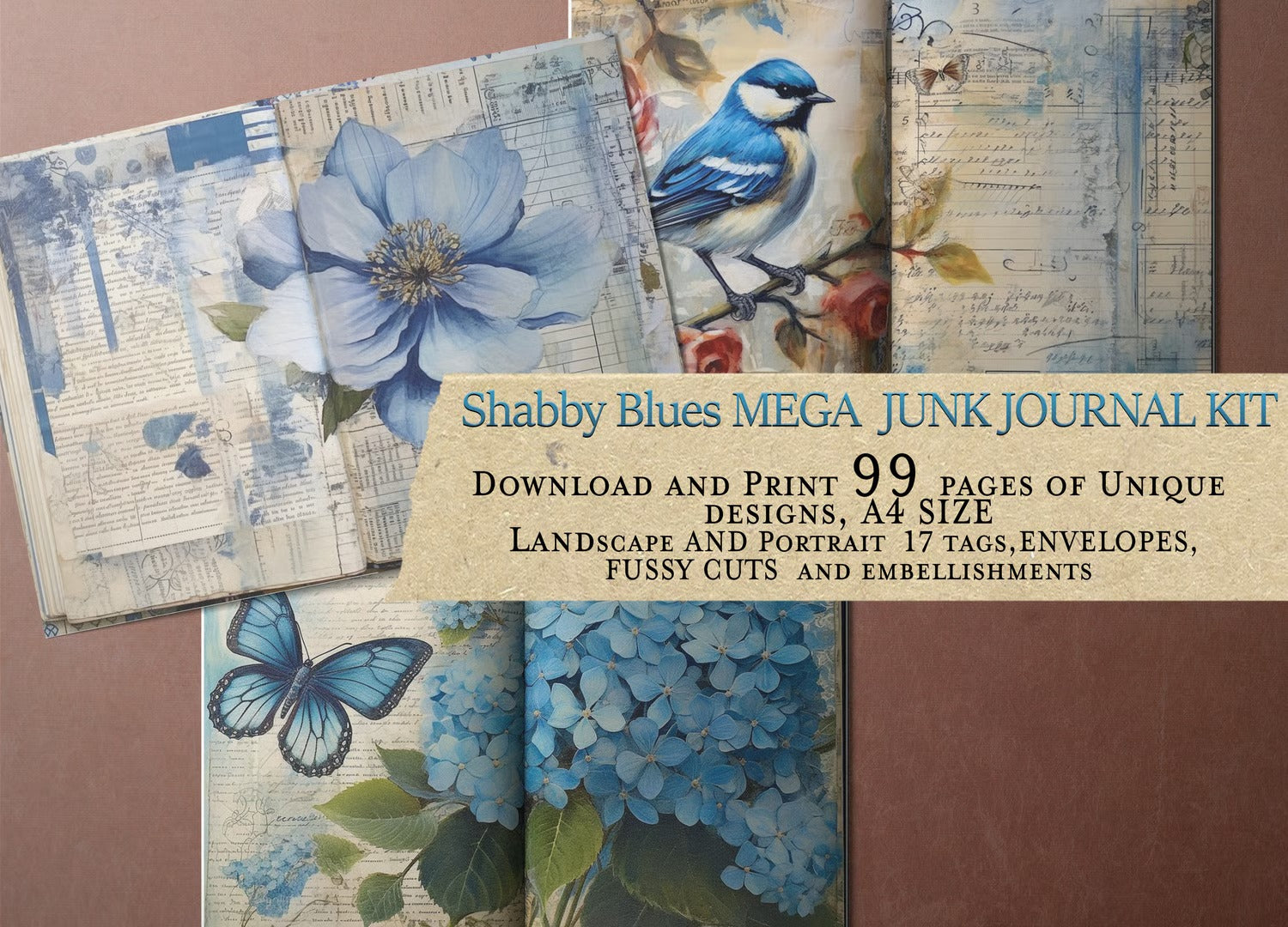 Shabby Blues MEGA Digital Junk Journal Kit - Over 100 Printable Journal Pages