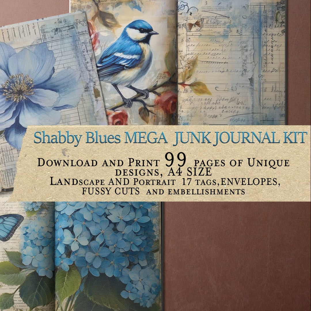 Shabby Blues MEGA Junk Journal Kit with floral, bird, and butterfly designs on a brown background.