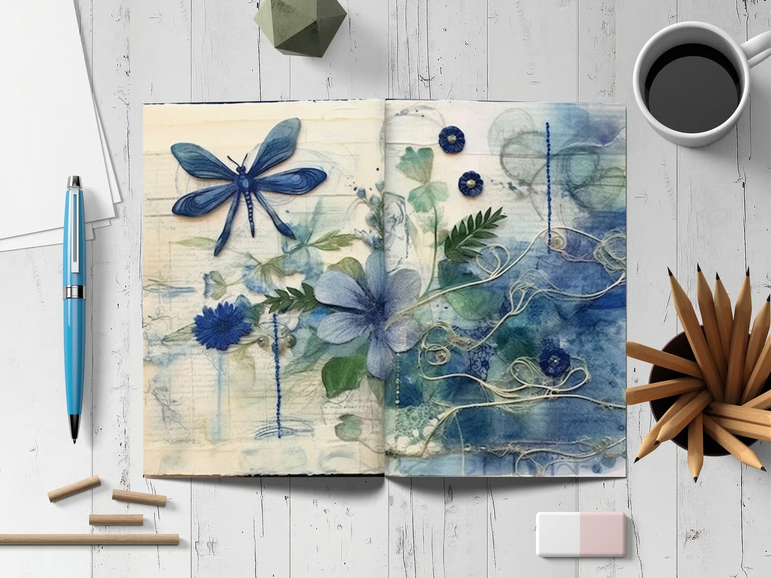 Dragonfly Blues - 52 Page Digital Paper Junk Journal Kit , Printable Scrapbook Paper