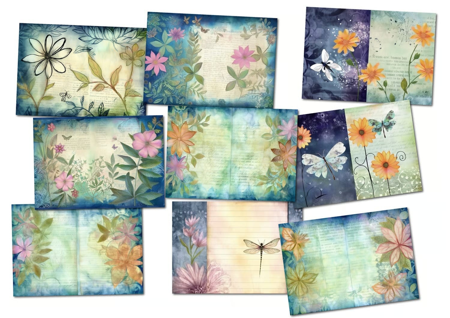 Dragonfly Blues - 52 Page Digital Paper Junk Journal Kit , Printable Scrapbook Paper