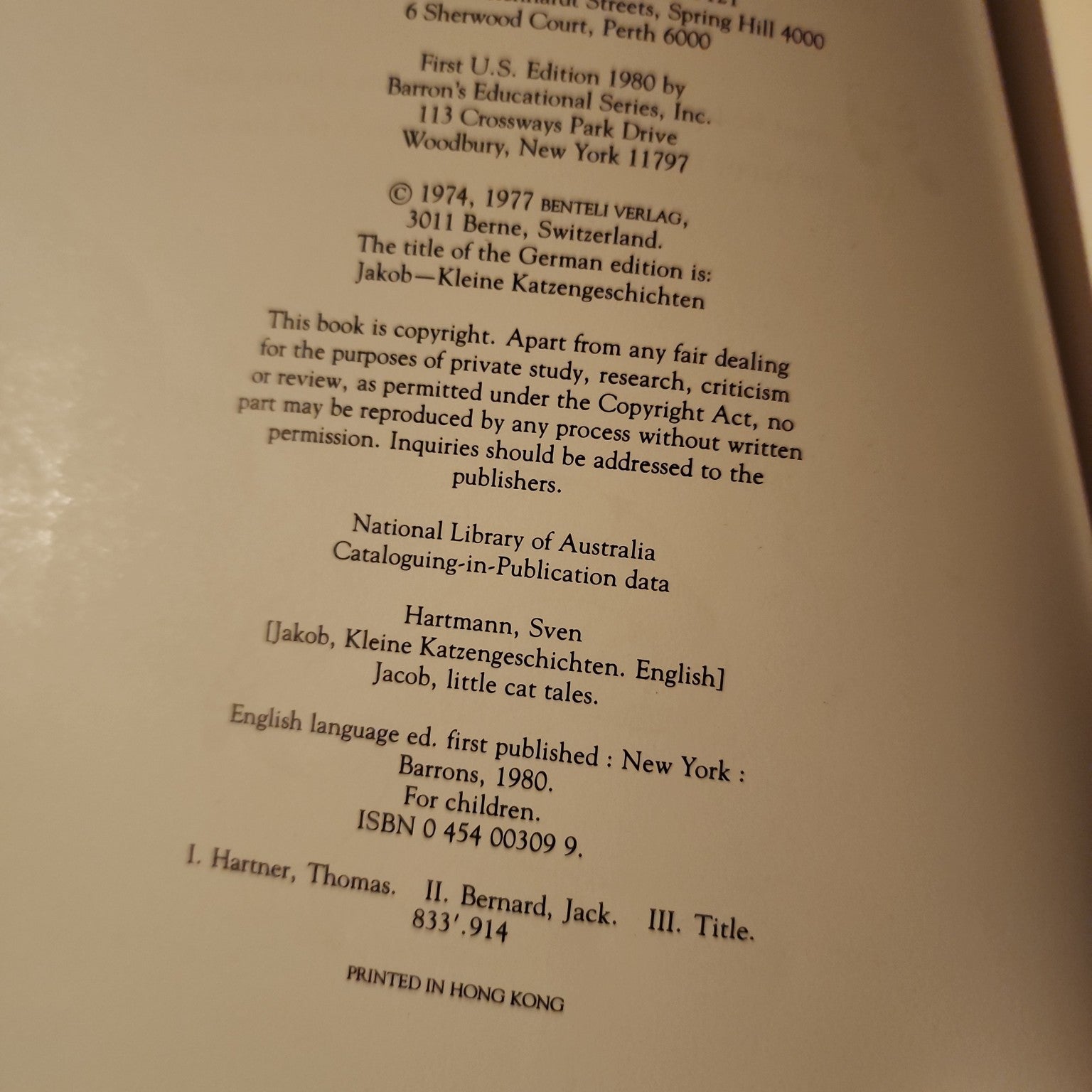 Jacob: Little Cat Tales copyright page showing ISBN 0454003099 and first U.S. edition 1980