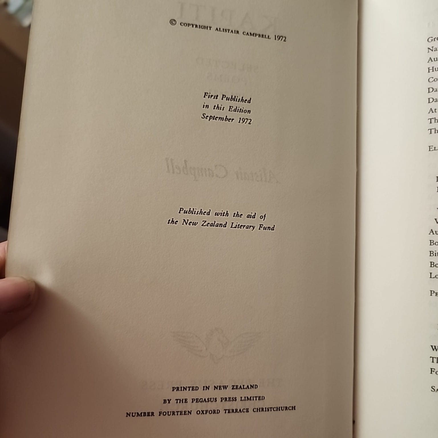 Kapiti Selected Poems by Alistair Campbell publication page showing first published September 1972 by Pegasus Press