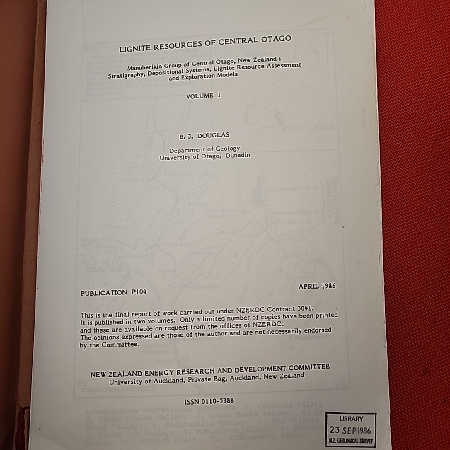 Lignite Resources of Central Otago Volume One title page, Publication P104, April 1986