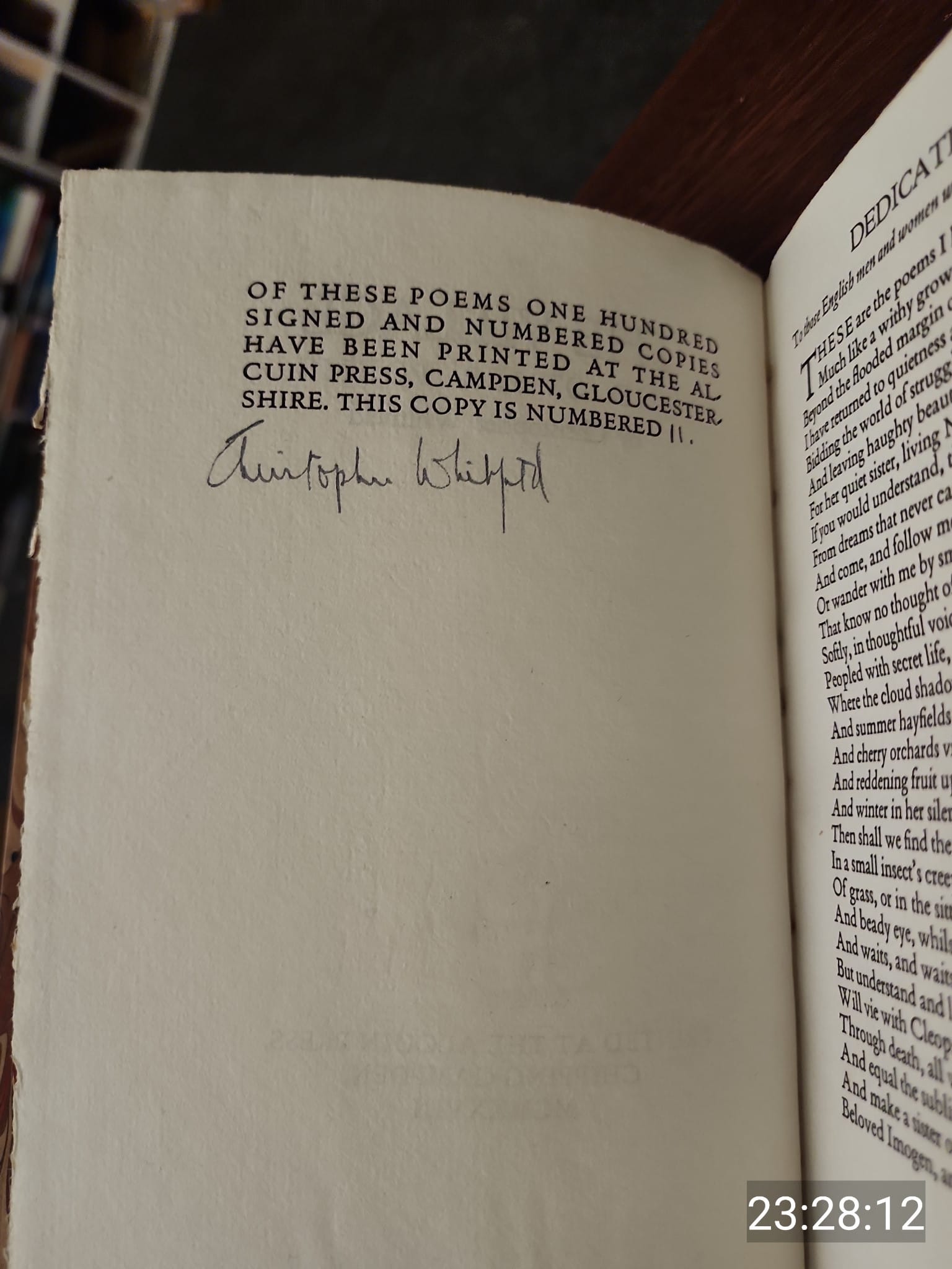 Original limitation page showing copy number 11 of 100 and Christopher Whitfield's signature