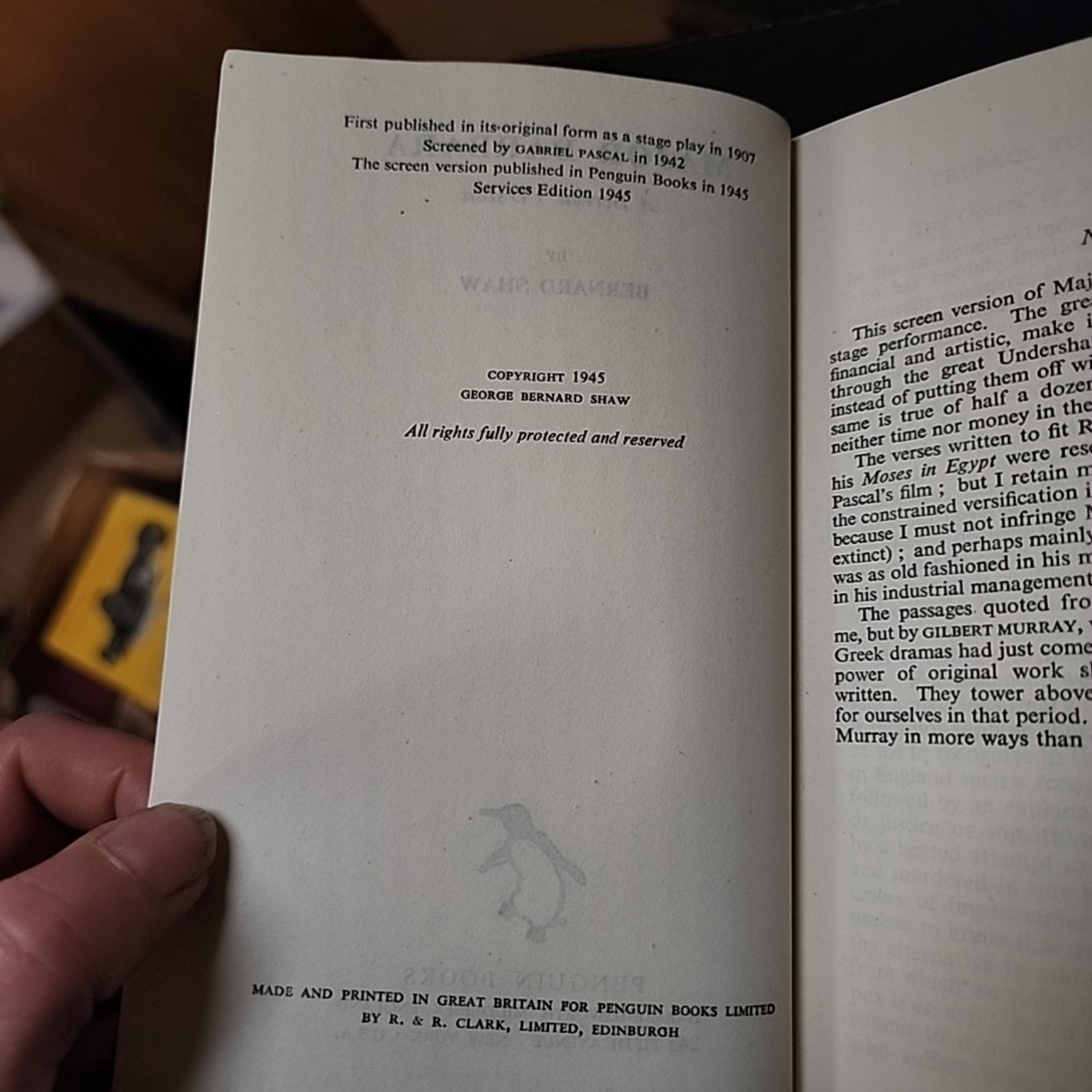 Publication page of Major Barbara: A Screen Version by Bernard Shaw showing Penguin Books 1945 edition
