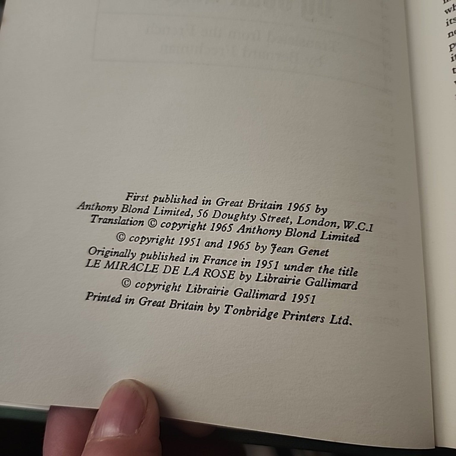 Miracle of the Rose by Jean Genet copyright page showing first British publication by Anthony Blond in 1965