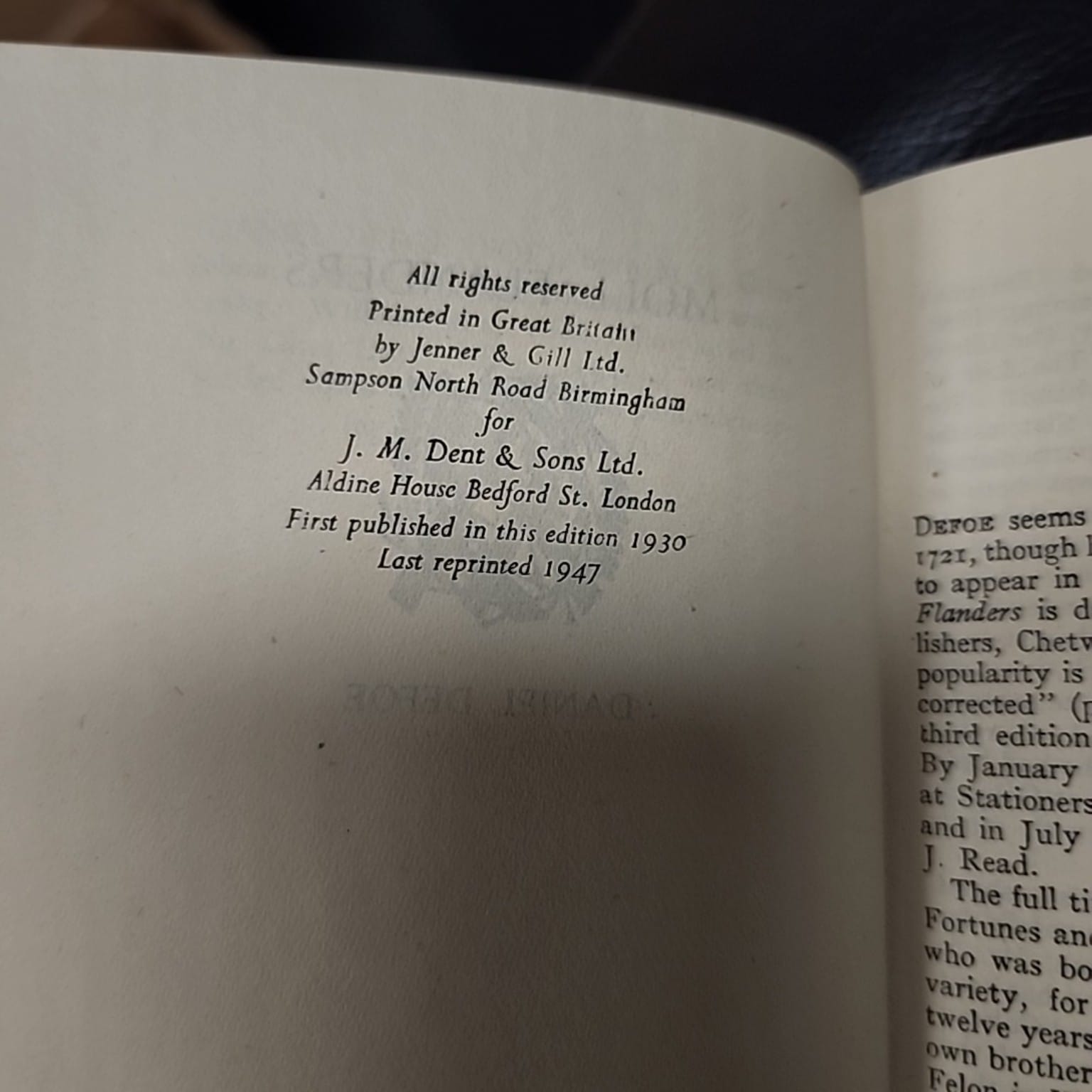 Publication page of Moll Flanders by Daniel Defoe, Everyman's Library 837, showing 1947 reprint