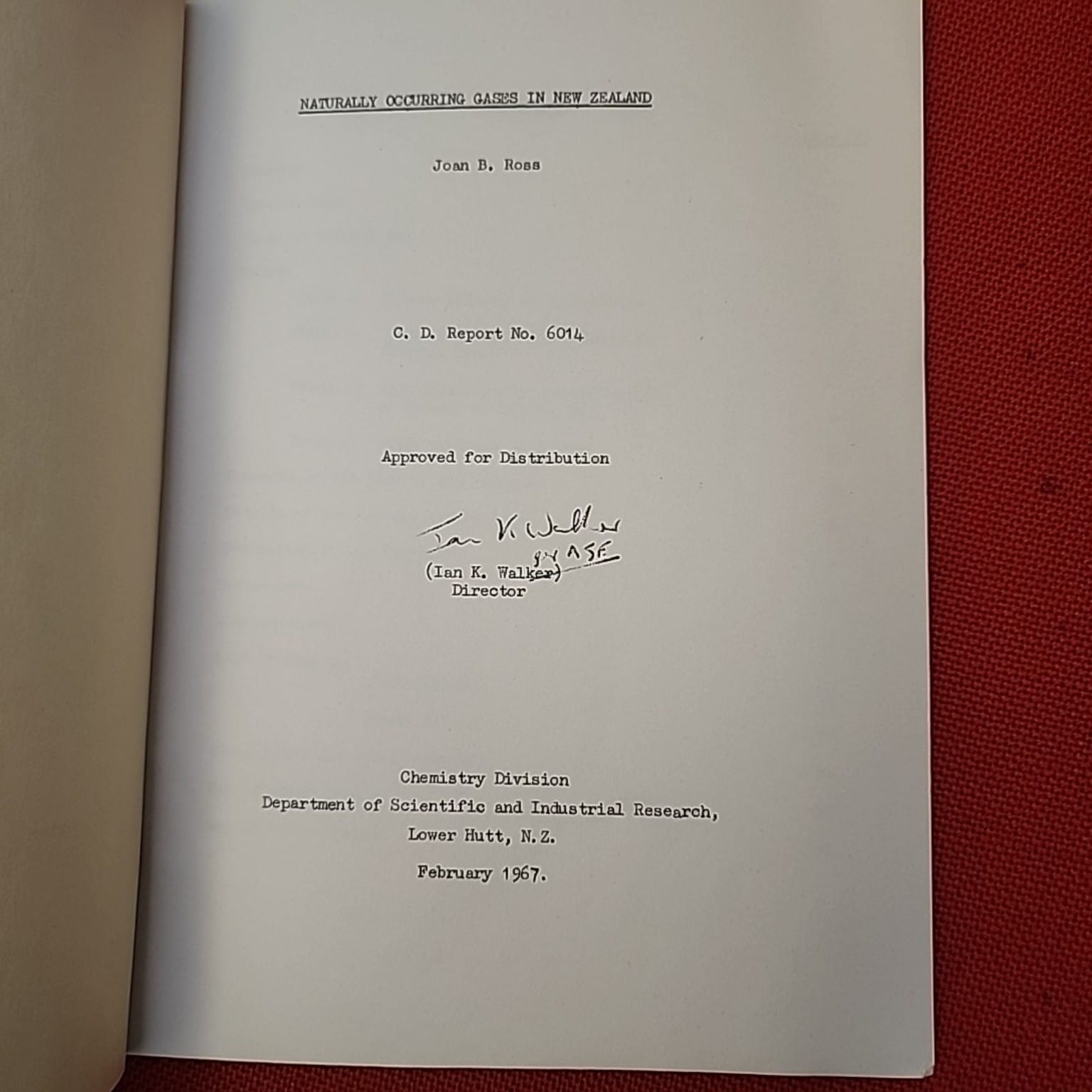 Naturally Occurring Gases in New Zealand title page, Chemistry Division C.D. Report No. 6014, February 1967