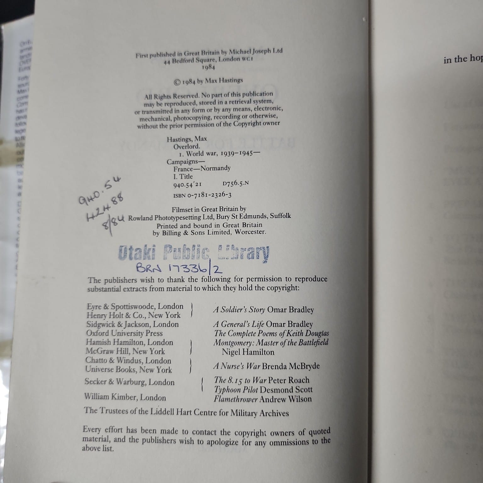 Copyright page of Overlord by Max Hastings showing the 1984 Michael Joseph first edition and ISBN
