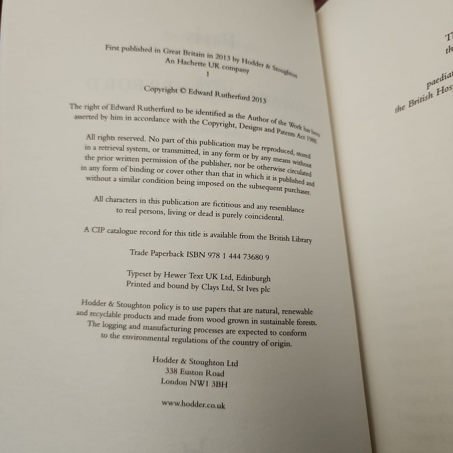 Copyright page for Paris by Edward Rutherfurd, Hodder & Stoughton 2013, ISBN 9781444736809
