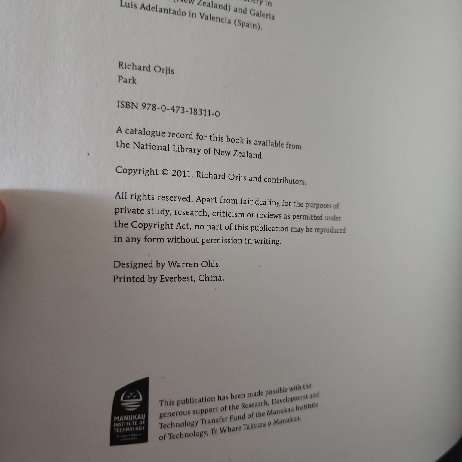 Copyright page of Park by Richard Orjis showing 2011 publication details and ISBN 9780473183110