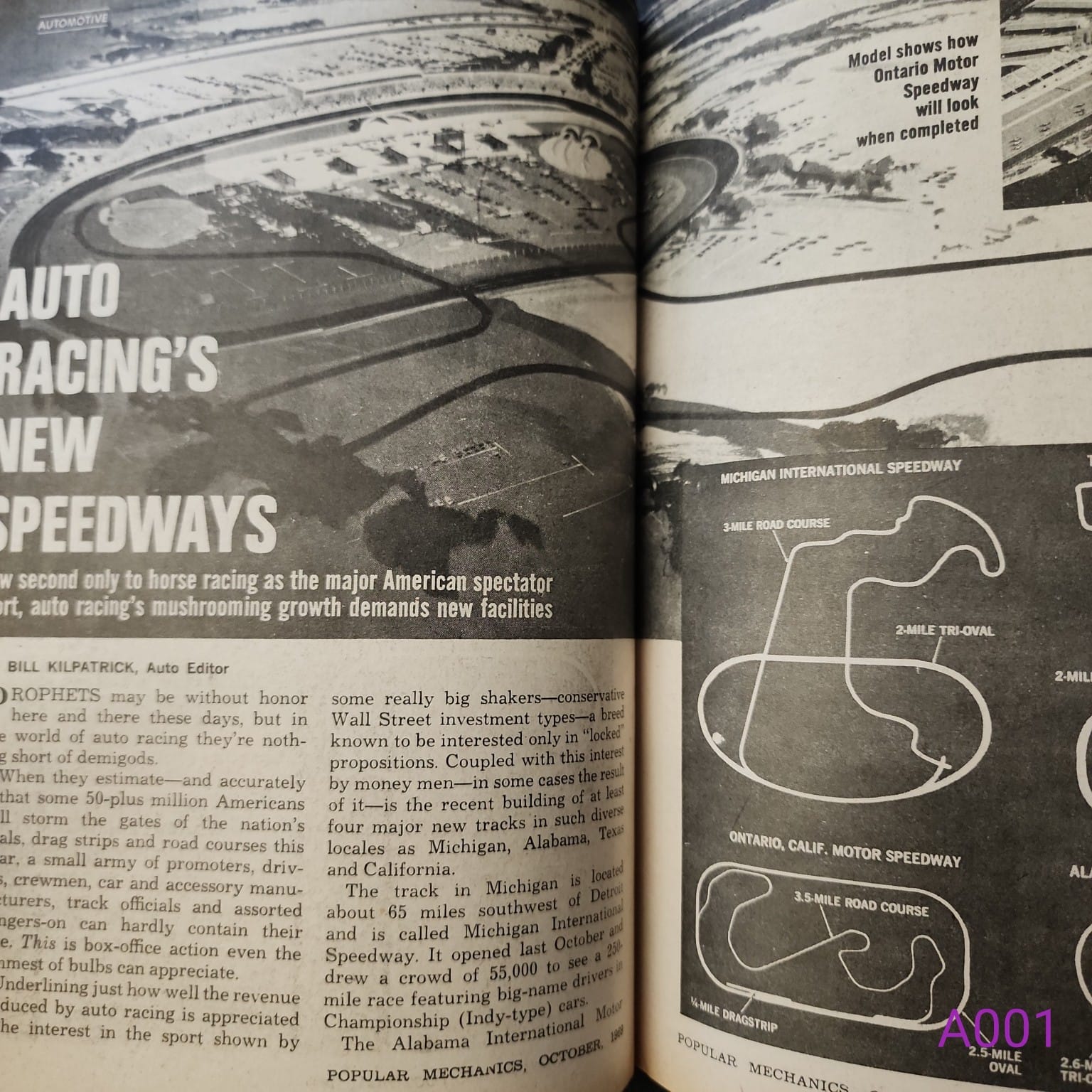 Interior article page from Popular Mechanics October 1969 showing Auto Racing's New Speedways