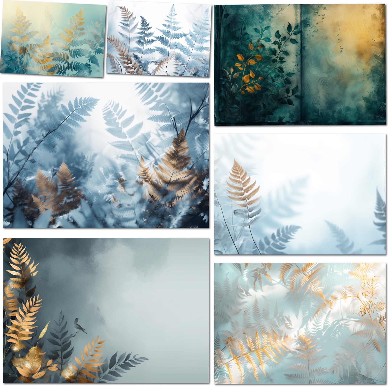 Gold & Turquoise Ferns – Printable Nature Junk Journal Pages