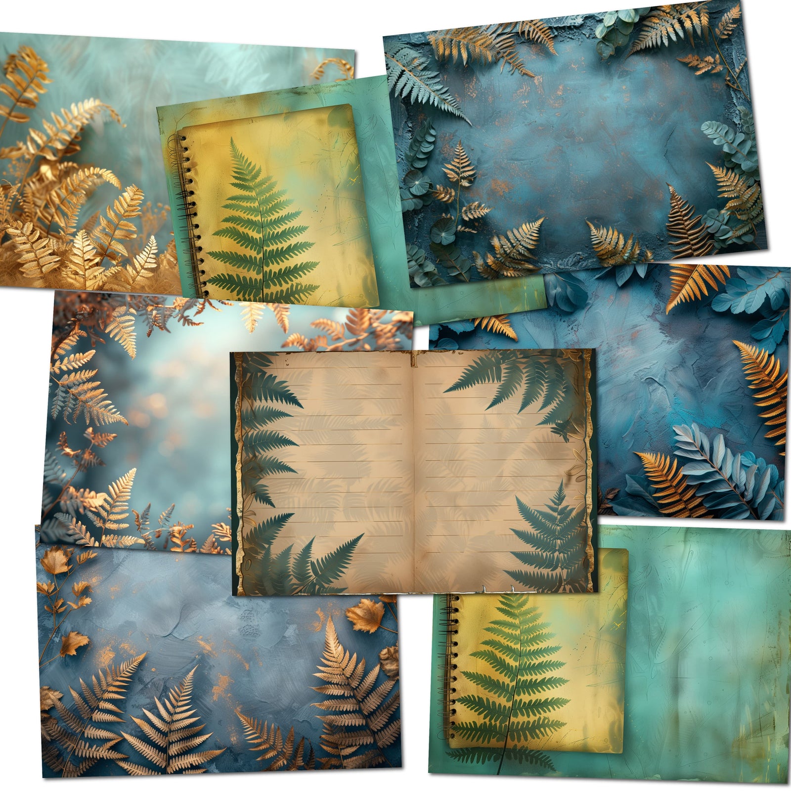Gold & Turquoise Ferns – Printable Nature Junk Journal Pages