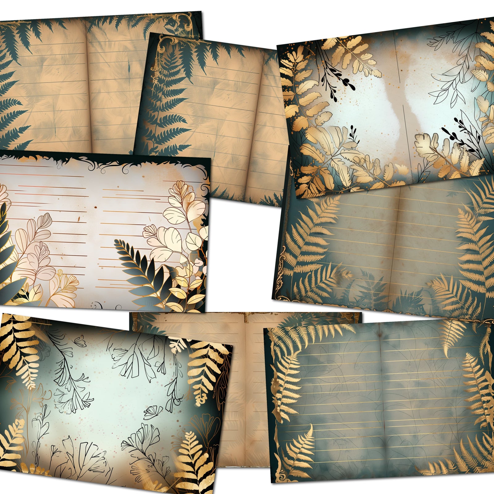 Gold & Turquoise Ferns – Printable Nature Junk Journal Pages