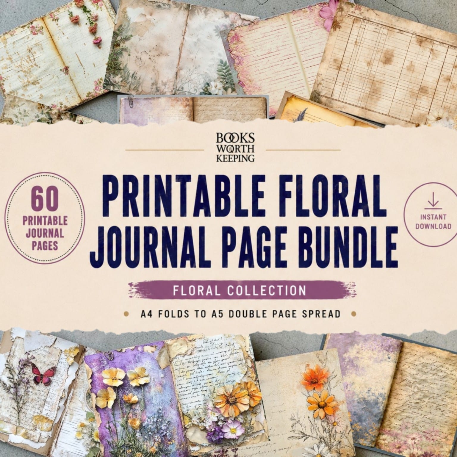 Printable Floral Journal Page Bundle - 60 printable journal pages