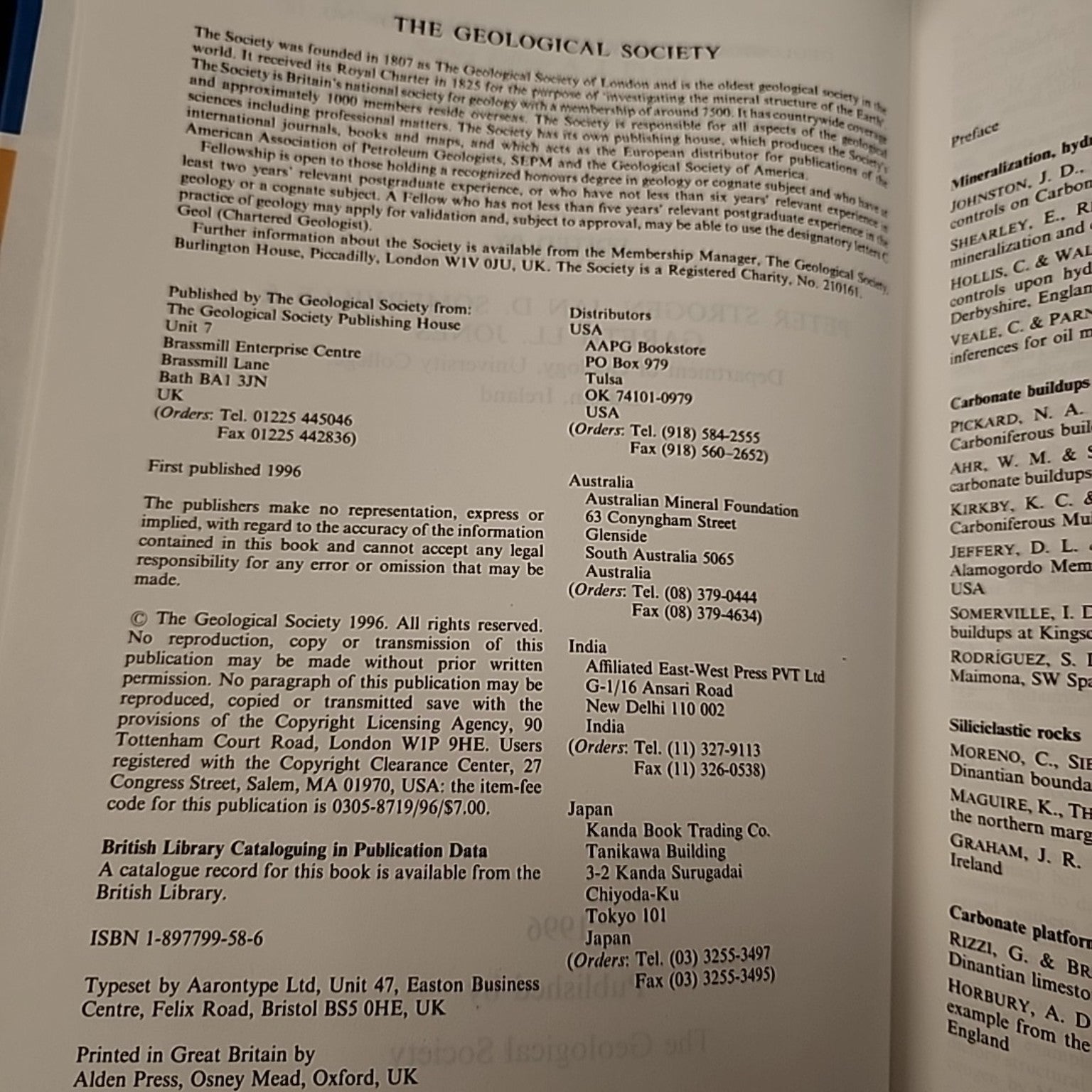 Recent Advances in Lower Carboniferous Geology publication and ISBN page