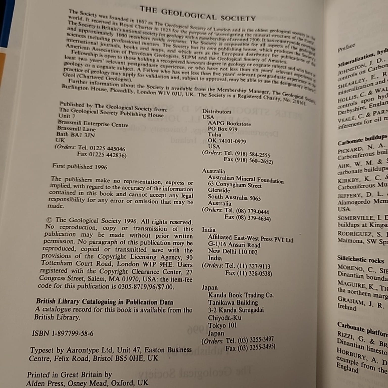 Recent Advances in Lower Carboniferous Geology publication and ISBN page